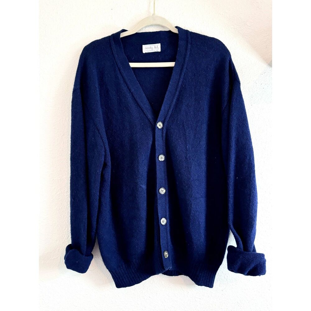 Vintage Neely Mens Blue Long Sleeve Vneck Wool Button Up Cardigan Sweater XL